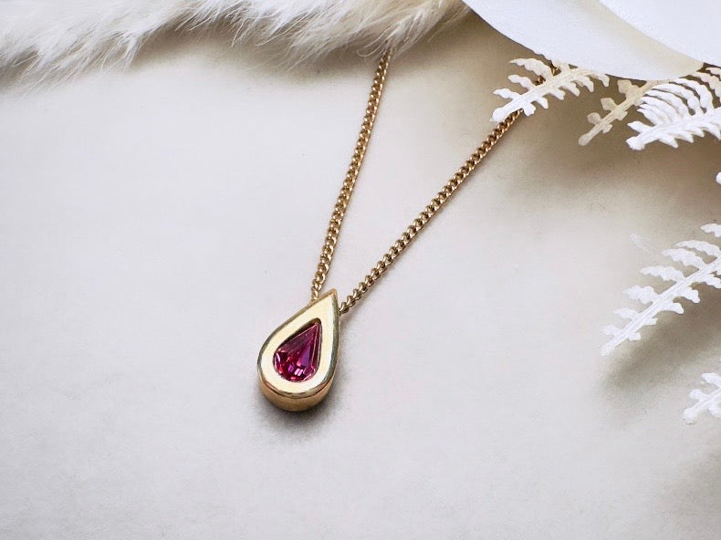 October Birthstone Necklace, Vintage Austrian Crystal Pink Tourmaline Teardrop Pendant on Fine Gold Chain