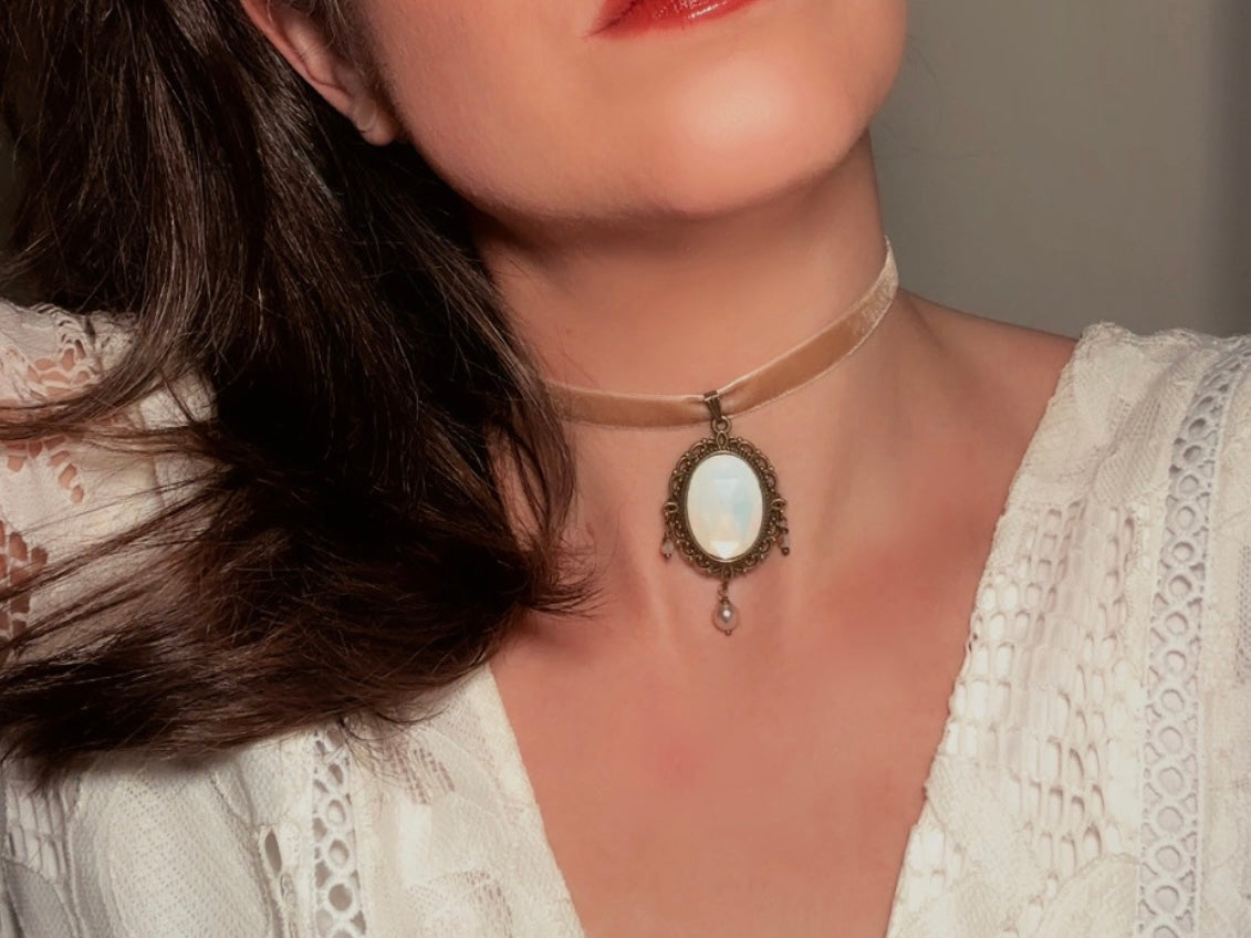 Opalite Necklace, Victorian Velvet Choker with Vintage Glass Pendant, Handmade Romantic Regency Necklace with Pearl and Crystals