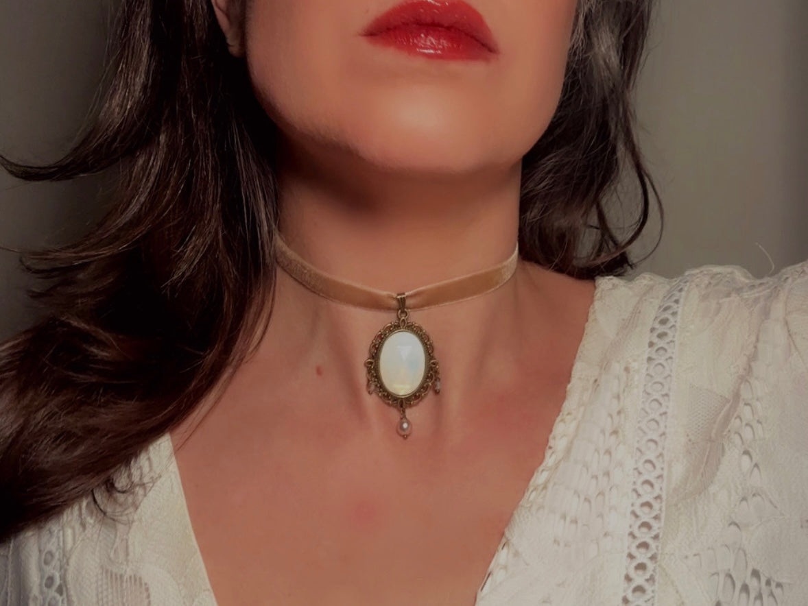 Opalite Necklace, Victorian Velvet Choker with Vintage Glass Pendant, Handmade Romantic Regency Necklace with Pearl and Crystals