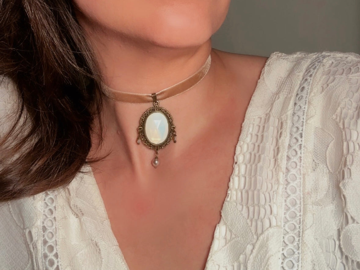 Opalite Necklace, Victorian Velvet Choker with Vintage Glass Pendant, Handmade Romantic Regency Necklace with Pearl and Crystals