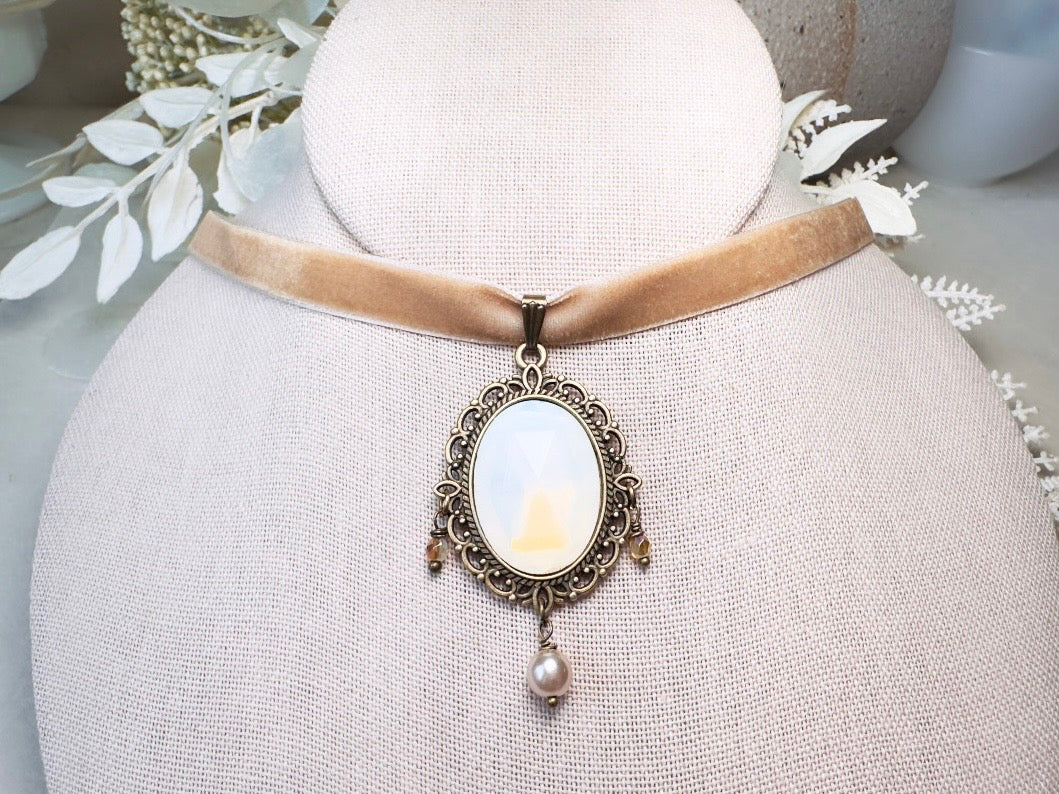 Opalite Necklace, Victorian Velvet Choker with Vintage Glass Pendant, Handmade Romantic Regency Necklace with Pearl and Crystals