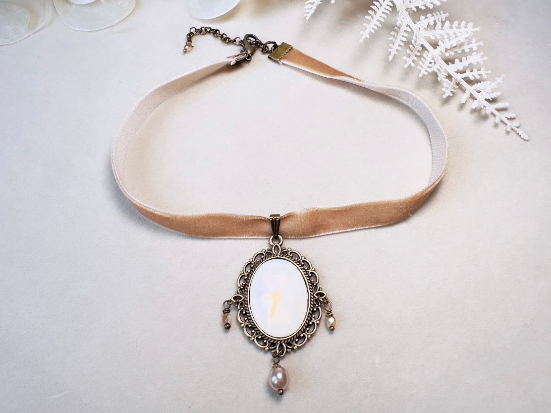 Opalite Necklace, Victorian Velvet Choker with Vintage Glass Pendant, Handmade Romantic Regency Necklace with Pearl and Crystals