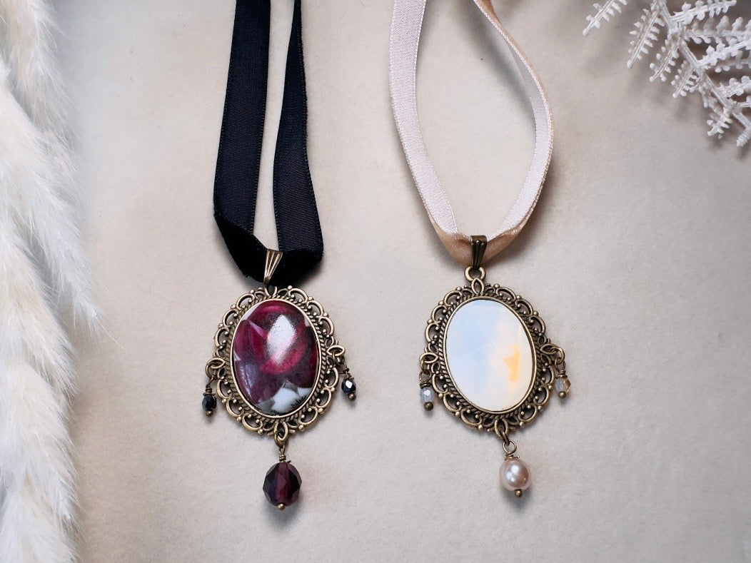 Opalite Necklace, Victorian Velvet Choker with Vintage Glass Pendant, Handmade Romantic Regency Necklace with Pearl and Crystals