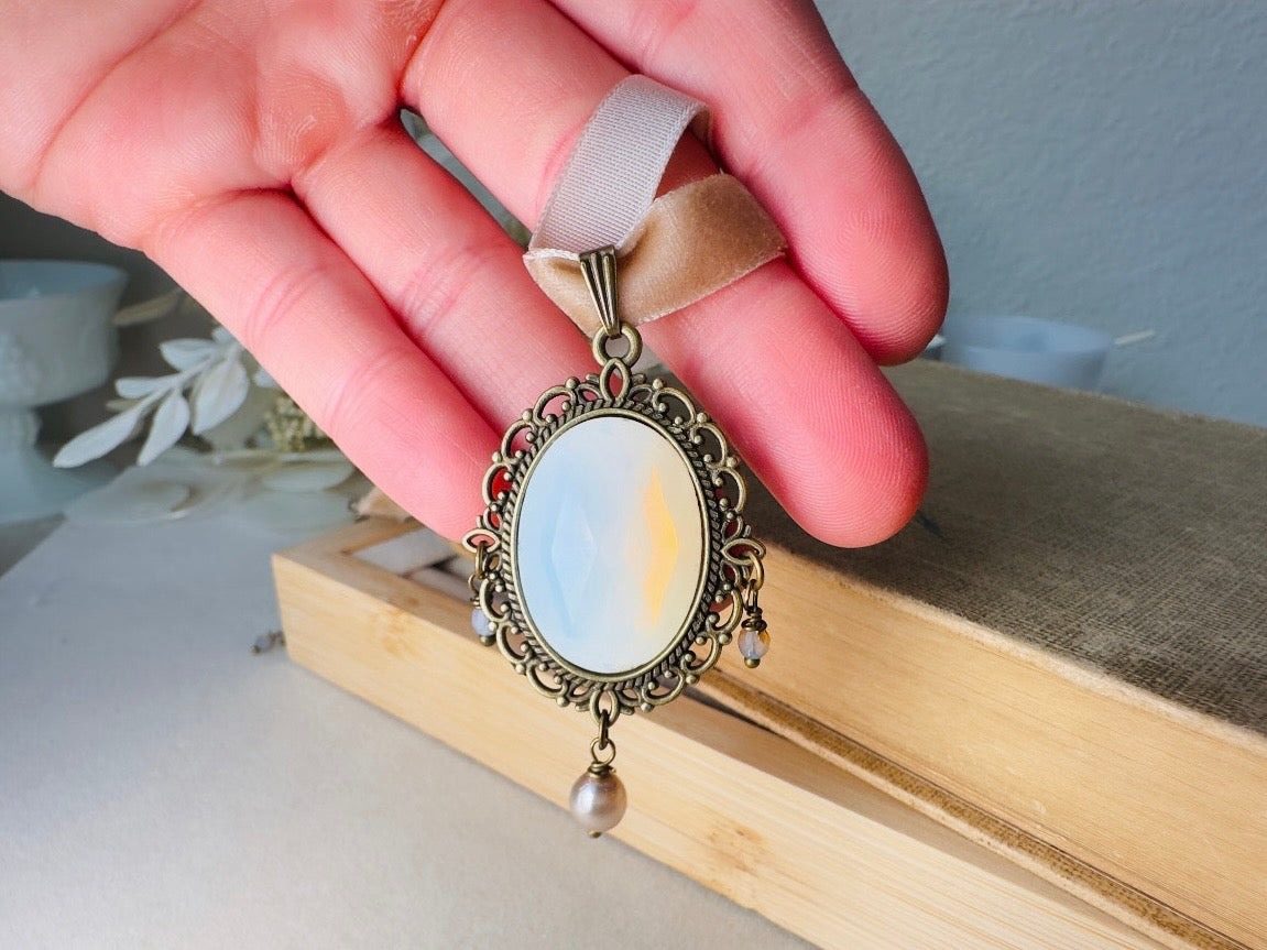 Opalite Necklace, Victorian Velvet Choker with Vintage Glass Pendant, Handmade Romantic Regency Necklace with Pearl and Crystals
