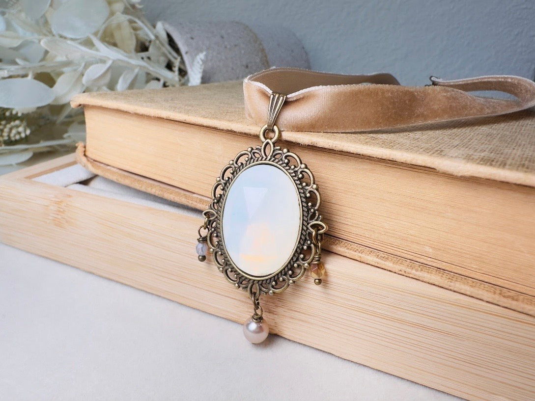 Opalite Necklace, Victorian Velvet Choker with Vintage Glass Pendant, Handmade Romantic Regency Necklace with Pearl and Crystals