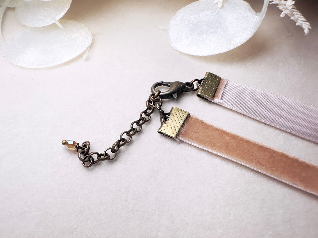 Opalite Necklace, Victorian Velvet Choker with Vintage Glass Pendant, Handmade Romantic Regency Necklace with Pearl and Crystals