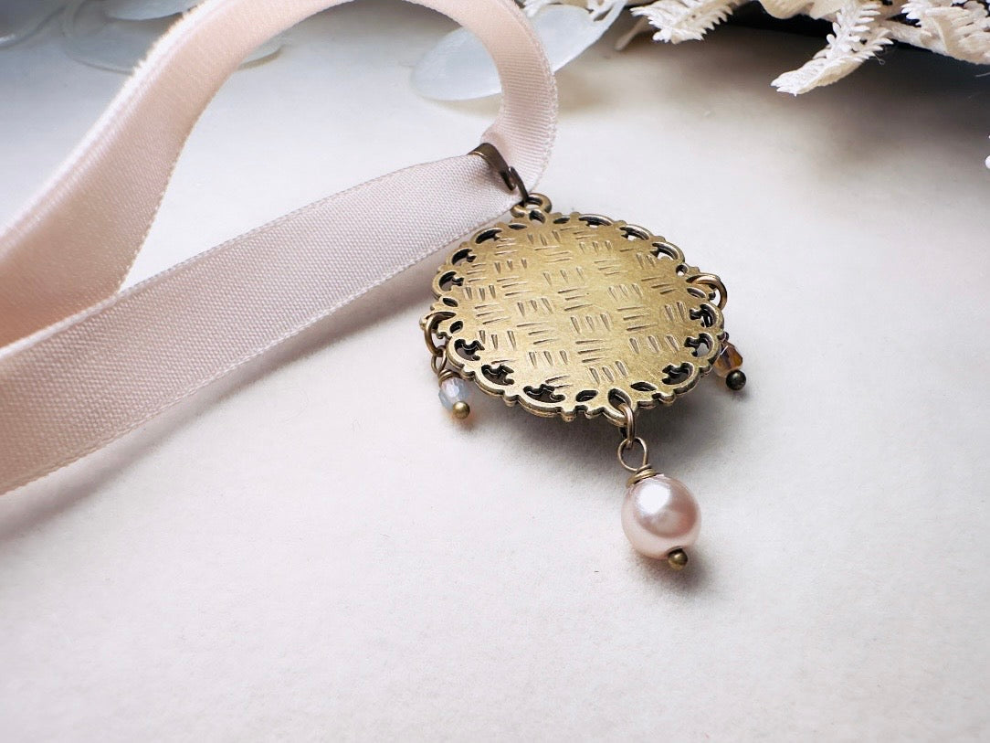 Opalite Necklace, Victorian Velvet Choker with Vintage Glass Pendant, Handmade Romantic Regency Necklace with Pearl and Crystals