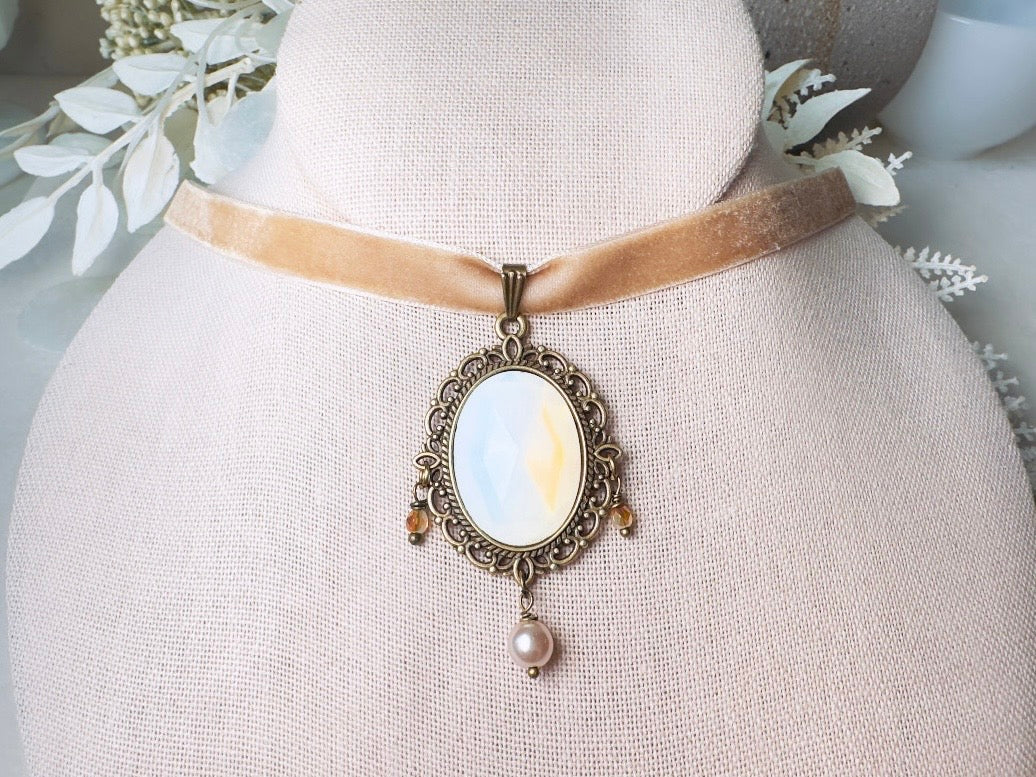 Opalite Necklace, Victorian Velvet Choker with Vintage Glass Pendant, Handmade Romantic Regency Necklace with Pearl and Crystals