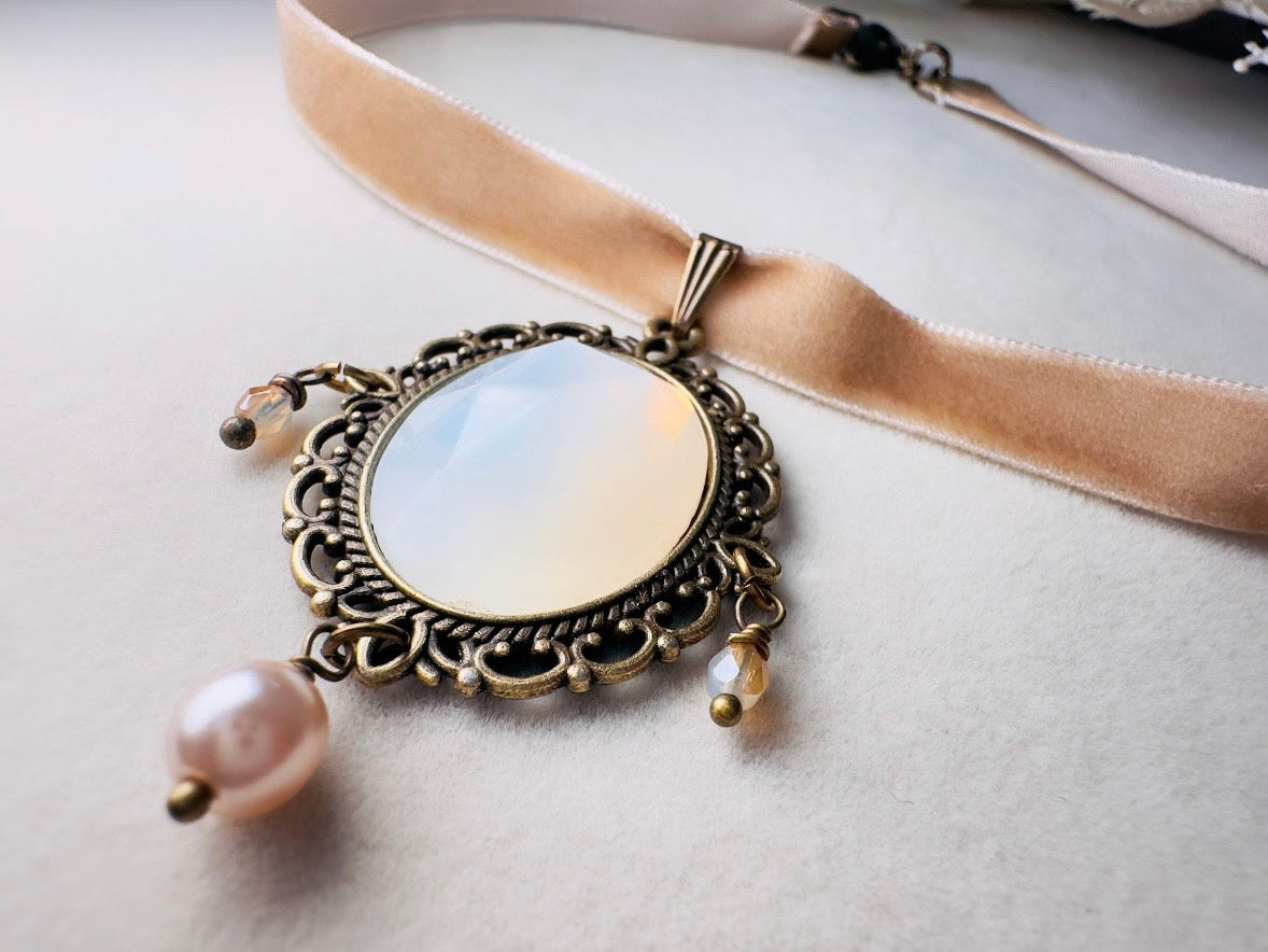 Opalite Necklace, Victorian Velvet Choker with Vintage Glass Pendant, Handmade Romantic Regency Necklace with Pearl and Crystals