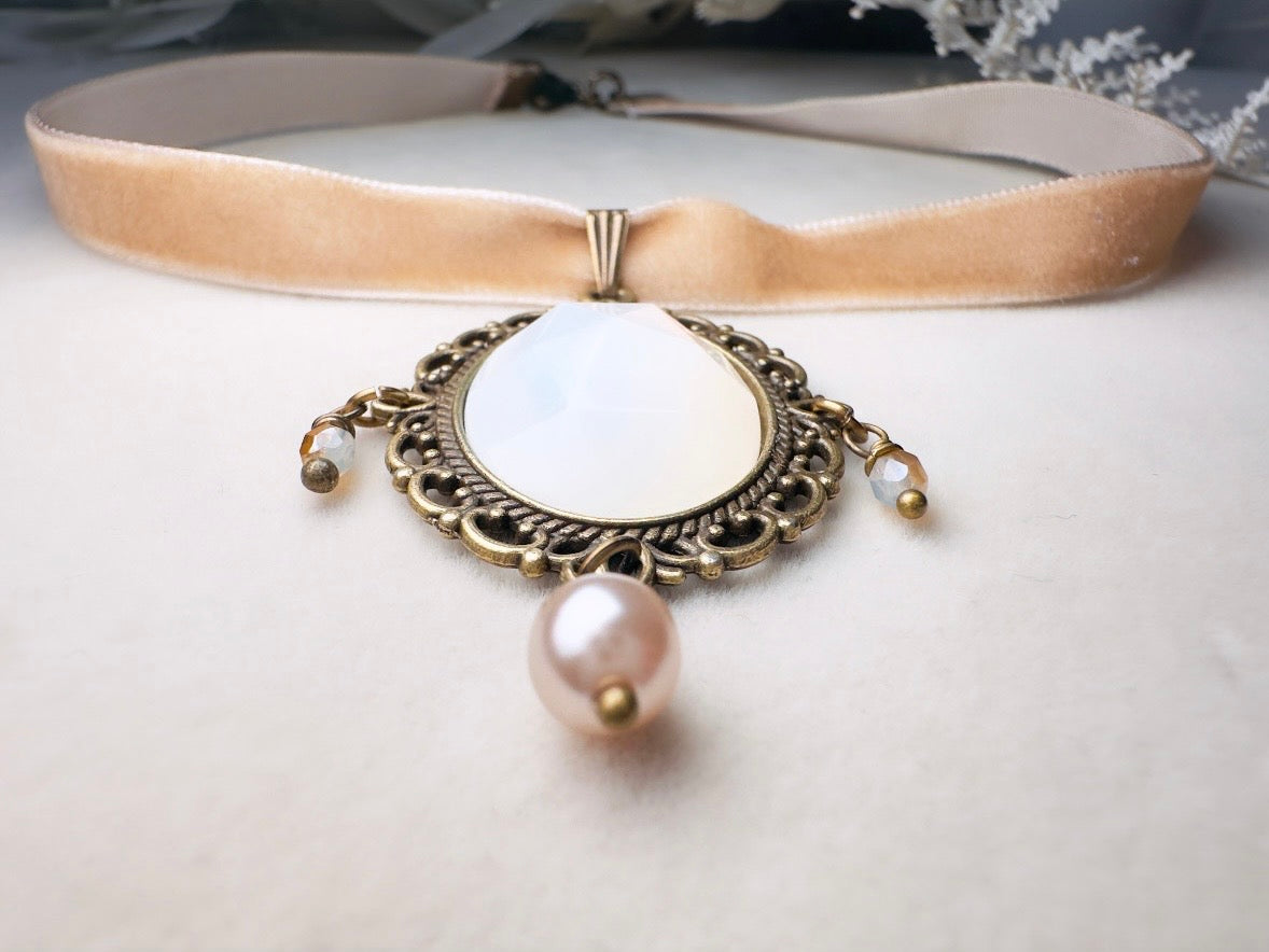 Opalite Necklace, Victorian Velvet Choker with Vintage Glass Pendant, Handmade Romantic Regency Necklace with Pearl and Crystals