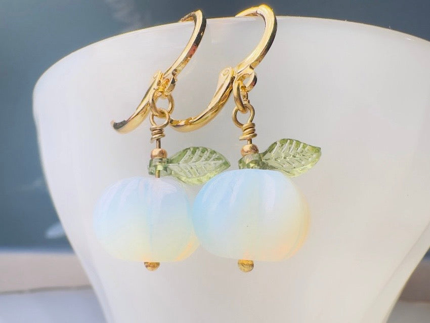 Opalite Pumpkin Earrings, Handmade 18k Huggie Dangle Earrings with Green Glass Leaves