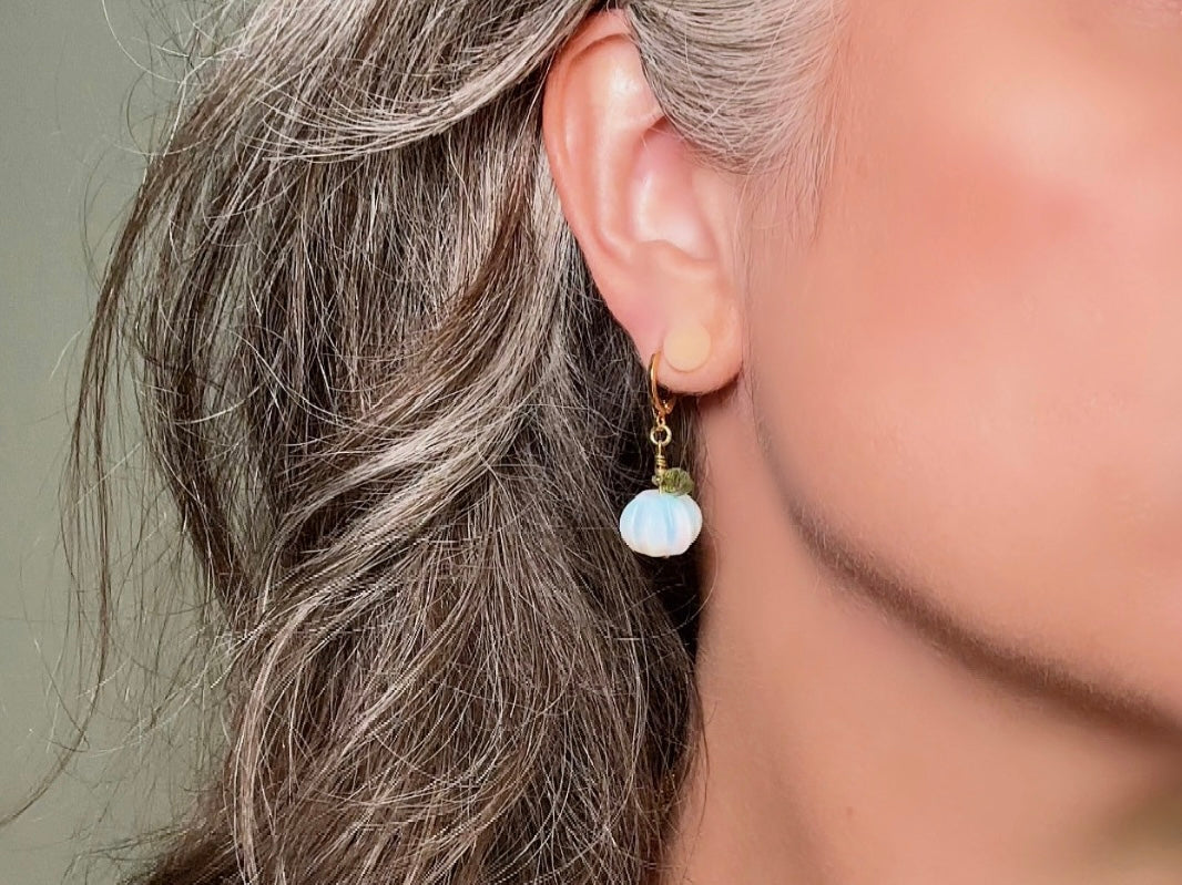 Opalite Pumpkin Earrings, Handmade 18k Huggie Dangle Earrings with Green Glass Leaves