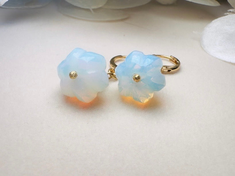 Opalite Pumpkin Earrings, Handmade 18k Huggie Dangle Earrings with Green Glass Leaves