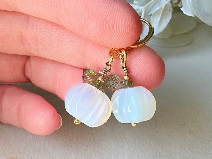 Opalite Pumpkin Earrings, Handmade 18k Huggie Dangle Earrings with Green Glass Leaves