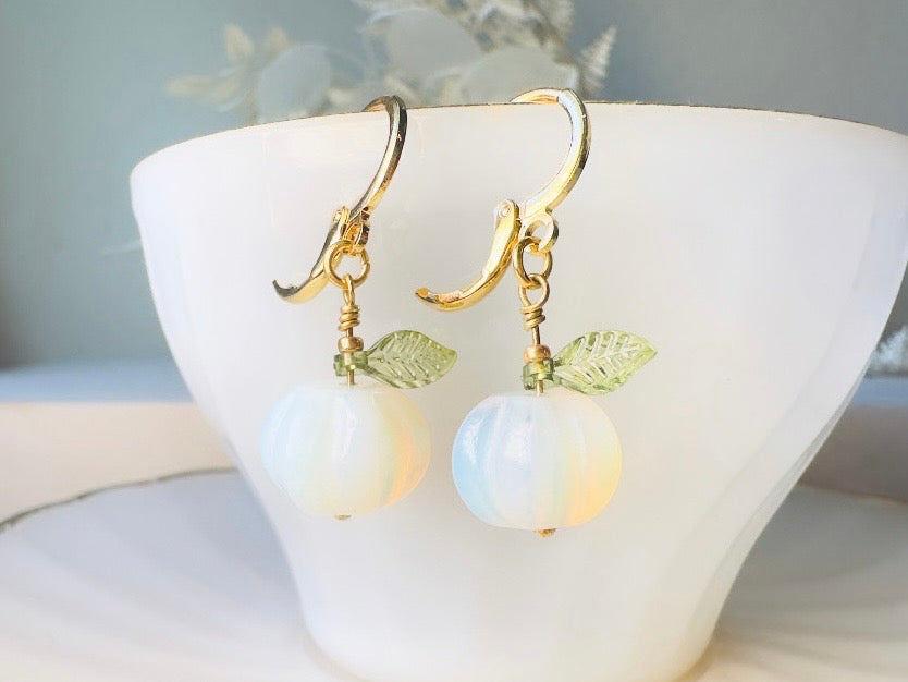 Opalite Pumpkin Earrings, Handmade 18k Huggie Dangle Earrings with Green Glass Leaves
