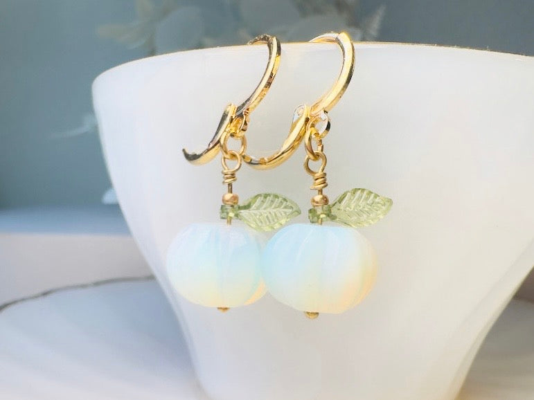 Opalite Pumpkin Earrings, Handmade 18k Huggie Dangle Earrings with Green Glass Leaves