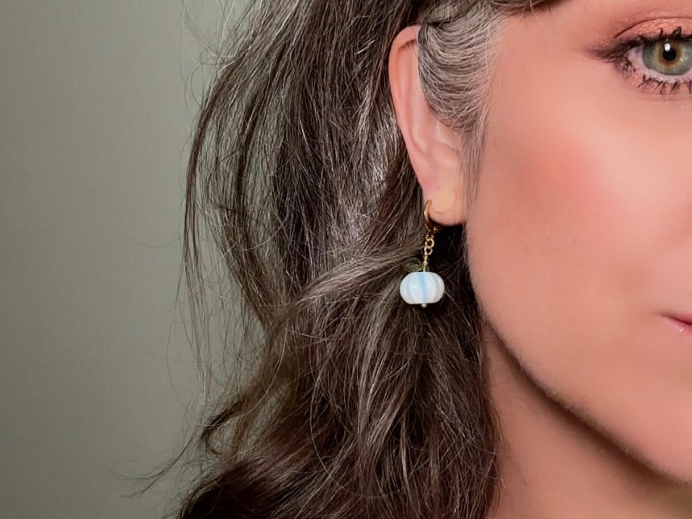 Opalite Pumpkin Earrings, Handmade 18k Huggie Dangle Earrings with Green Glass Leaves