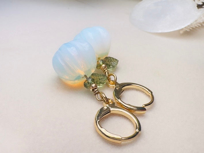 Opalite Pumpkin Earrings, Handmade 18k Huggie Dangle Earrings with Green Glass Leaves