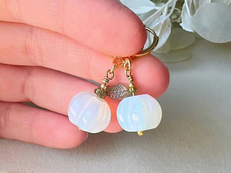Opalite Pumpkin Earrings, Handmade 18k Huggie Dangle Earrings with Green Glass Leaves