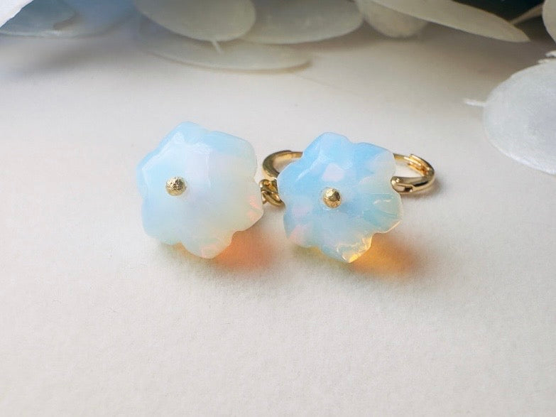 Opalite Pumpkin Earrings, Handmade 18k Huggie Dangle Earrings with Green Glass Leaves