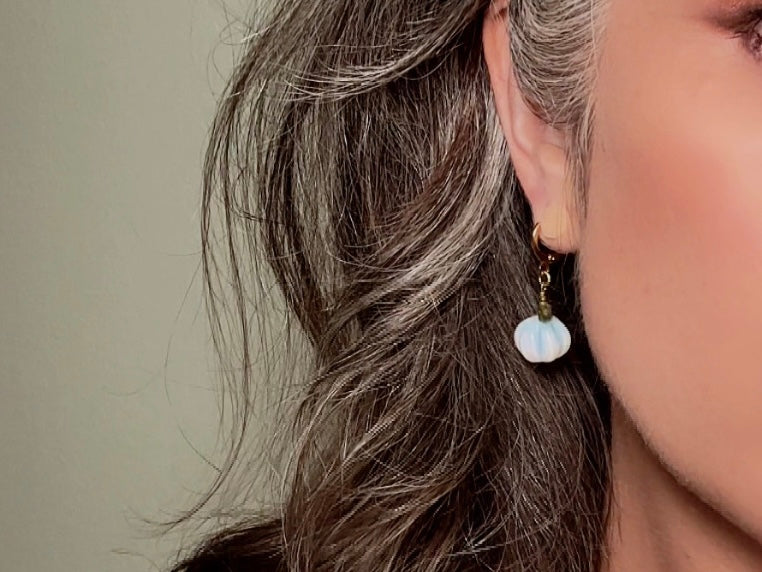 Opalite Pumpkin Earrings, Handmade 18k Huggie Dangle Earrings with Green Glass Leaves