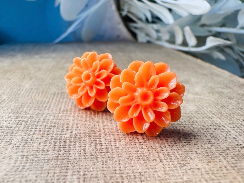 Orange Flower Earrings, Autumn Chrysanthemum Floral Stud Earrings, Hypoallergenic Resin Flower Cabochon Earring