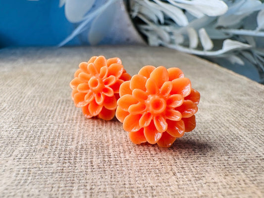 Orange Flower Earrings, Autumn Chrysanthemum Floral Stud Earrings, Hypoallergenic Resin Flower Cabochon Earring