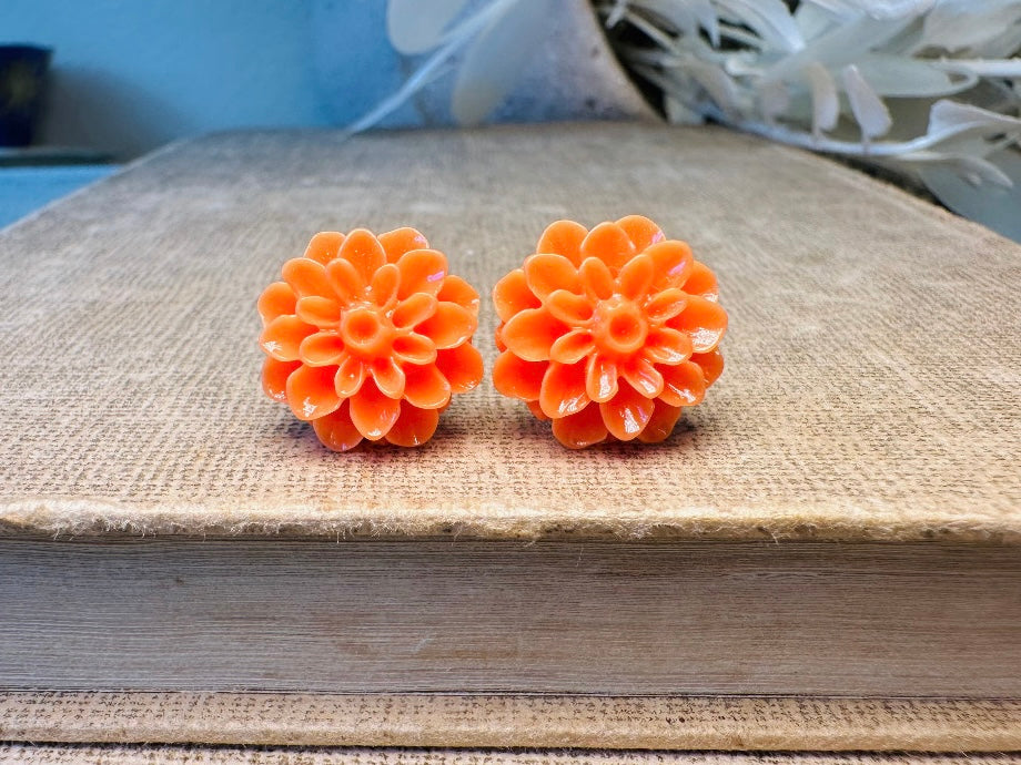Orange Flower Earrings, Autumn Chrysanthemum Floral Stud Earrings, Hypoallergenic Resin Flower Cabochon Earring