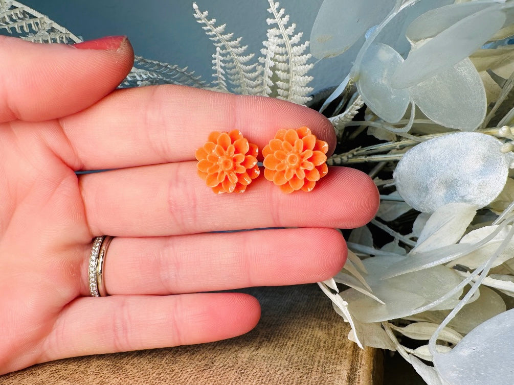 Orange Flower Earrings, Autumn Chrysanthemum Floral Stud Earrings, Hypoallergenic Resin Flower Cabochon Earring