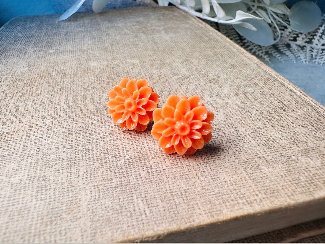 Orange Flower Earrings, Autumn Chrysanthemum Floral Stud Earrings, Hypoallergenic Resin Flower Cabochon Earring