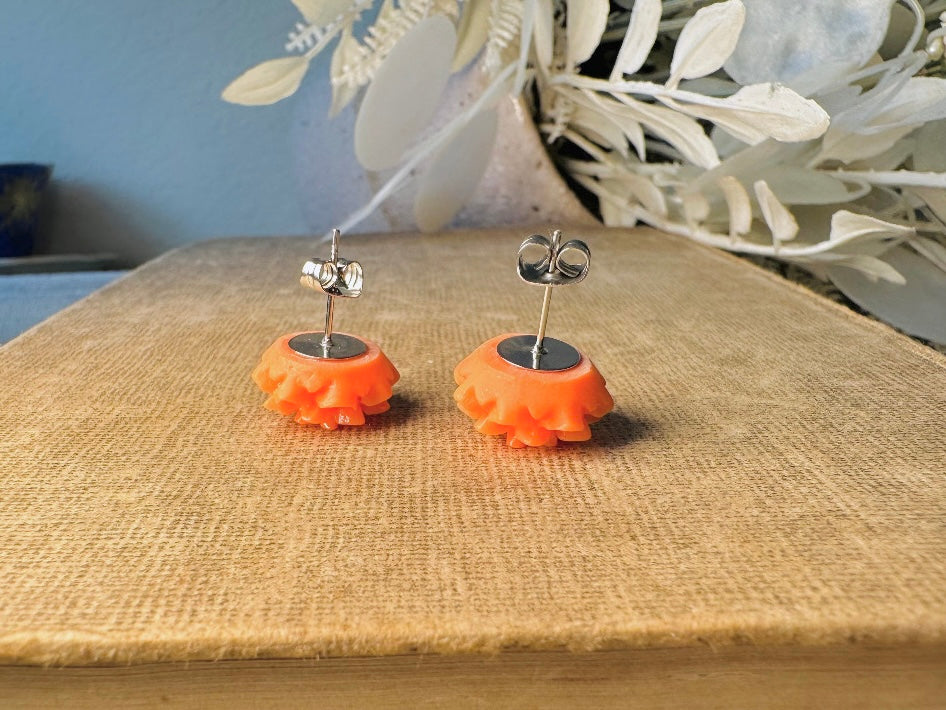 Orange Flower Earrings, Autumn Chrysanthemum Floral Stud Earrings, Hypoallergenic Resin Flower Cabochon Earring