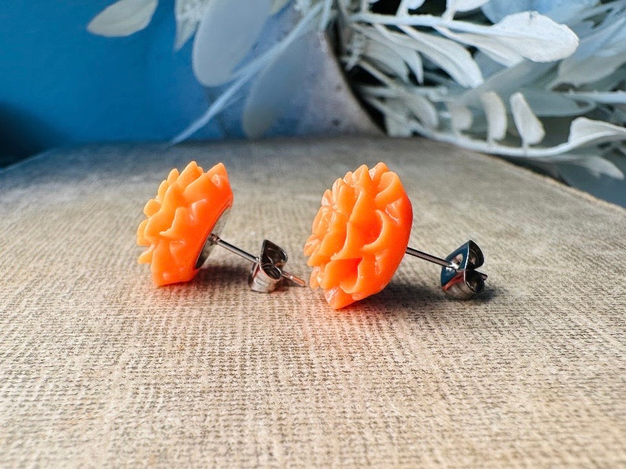 Orange Flower Earrings, Autumn Chrysanthemum Floral Stud Earrings, Hypoallergenic Resin Flower Cabochon Earring