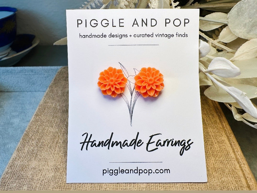 Orange Flower Earrings, Autumn Chrysanthemum Floral Stud Earrings, Hypoallergenic Resin Flower Cabochon Earring
