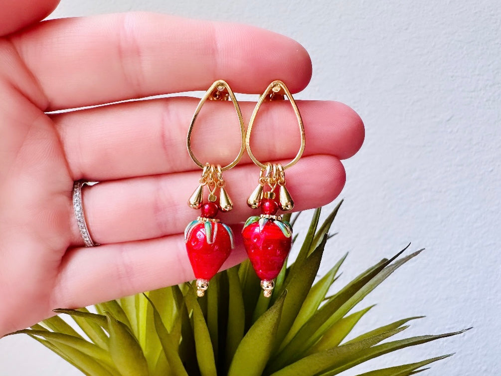 Strawberry Earrings, Original Handmade 24k Gold + Murano Glass Earring, Unique Fruit Charm Earrings, Glass Strawberry Earrings Pink or Red from Piggle and Pop