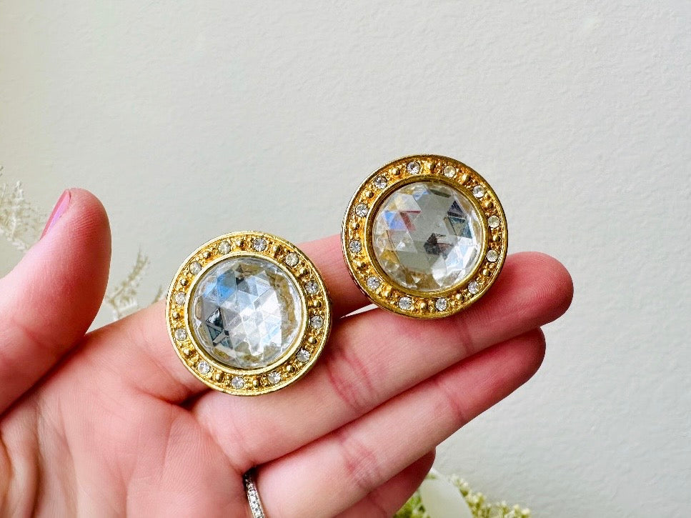 Oversized Vintage Rhinestone Earrings, 1980s Liz Claiborne LCI held in hands