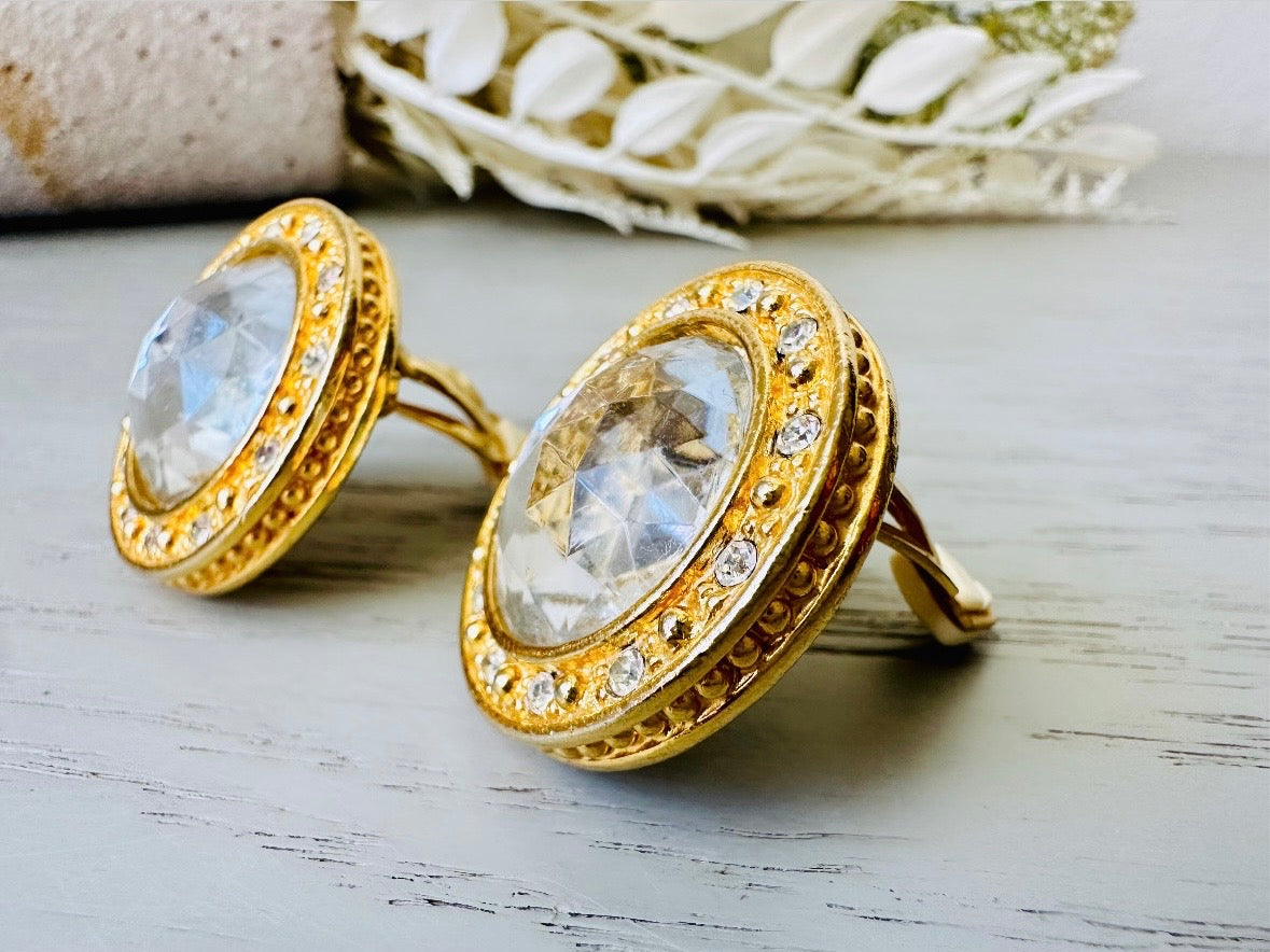 Oversized Vintage Rhinestone Earrings, 1980s Liz Claiborne LCI side view close up of border