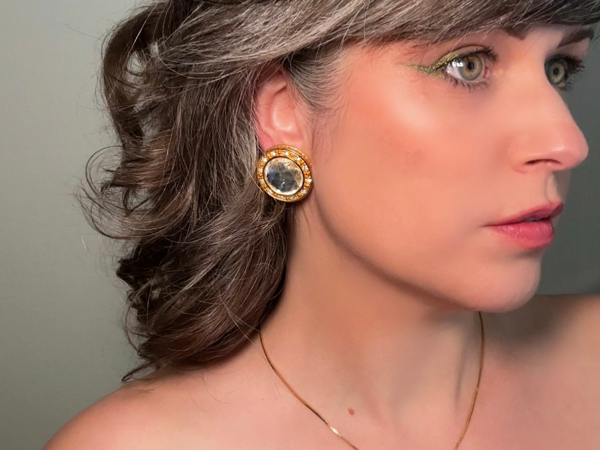 Oversized Vintage Rhinestone Earrings, 1980s Liz Claiborne LCI modelled by Bethan Jayne