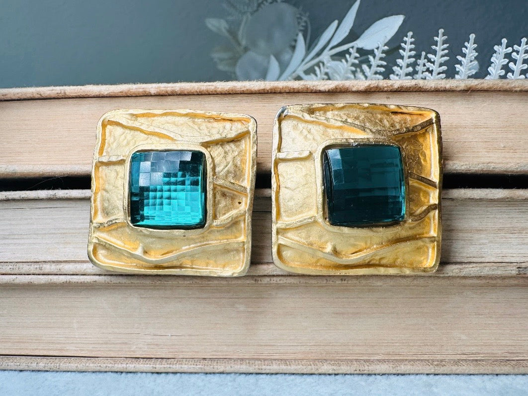 Oversized Vintage Square Earrings, Gold and Emerald Green Rhinestone Clip Ons, Big Matte Gold Etruscan Earrings