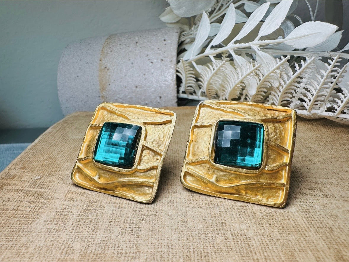 Oversized Vintage Square Earrings, Gold and Emerald Green Rhinestone Clip Ons, Big Matte Gold Etruscan Earrings