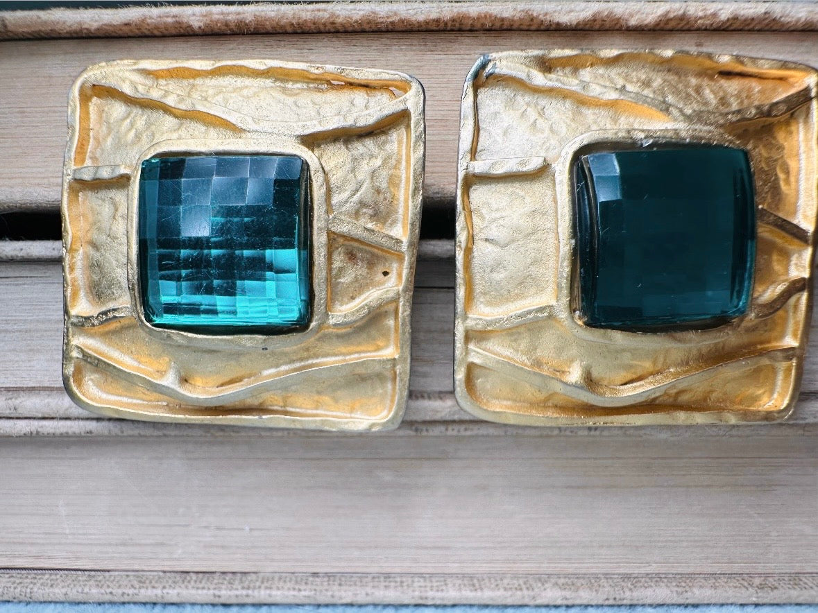 Oversized Vintage Square Earrings, Gold and Emerald Green Rhinestone Clip Ons, Big Matte Gold Etruscan Earrings