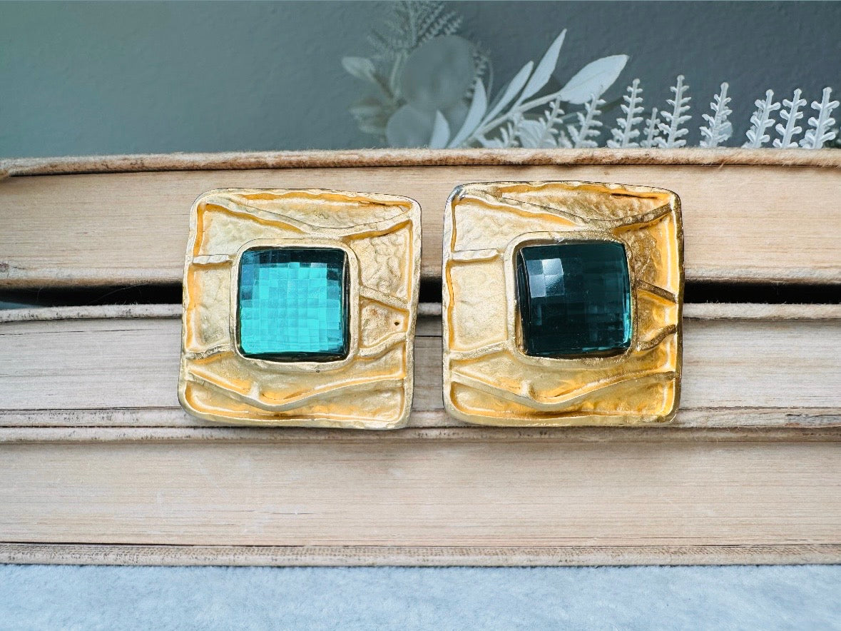 Oversized Vintage Square Earrings, Gold and Emerald Green Rhinestone Clip Ons, Big Matte Gold Etruscan Earrings