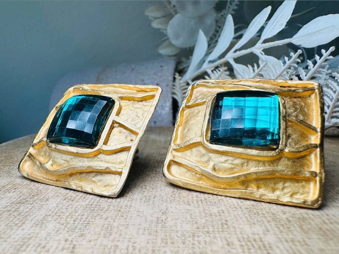 Oversized Vintage Square Earrings, Gold and Emerald Green Rhinestone Clip Ons, Big Matte Gold Etruscan Earrings