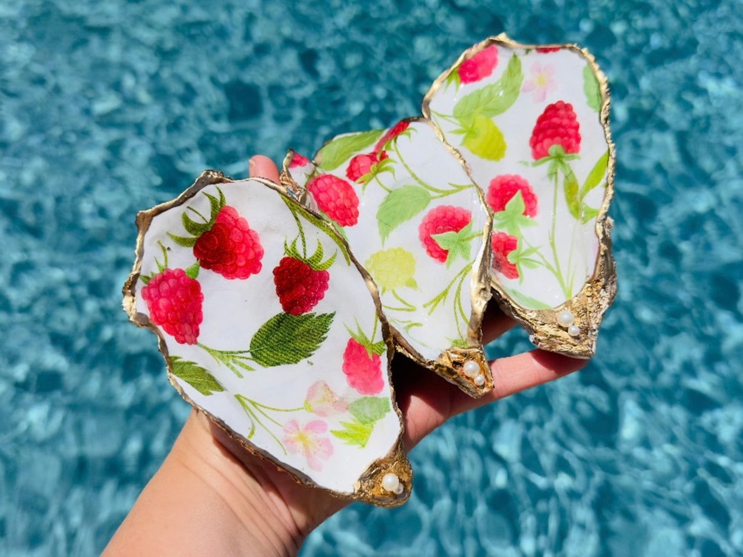 Oyster Shell Dishes with Summer Raspberries and Pink Flowers, Handmade Coastal Trinket Tray with Pearls