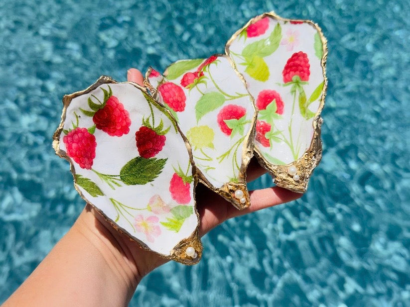 Oyster Shell Dishes with Summer Raspberries and Pink Flowers, Handmade Coastal Trinket Tray with Pearls