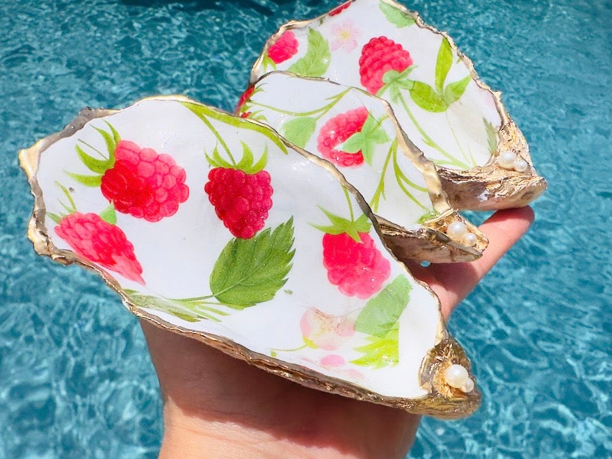 Oyster Shell Dishes with Summer Raspberries and Pink Flowers, Handmade Coastal Trinket Tray with Pearls