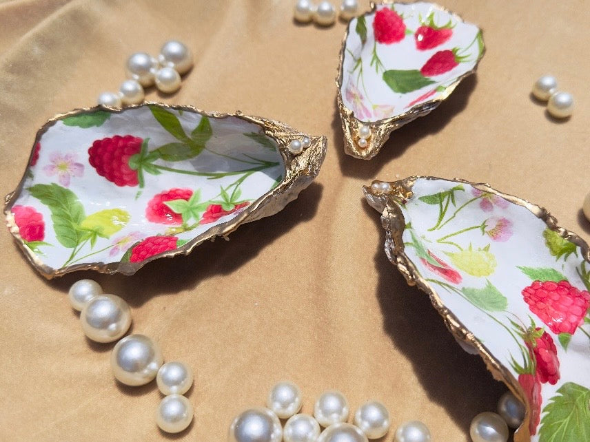 Oyster Shell Dishes with Summer Raspberries and Pink Flowers, Handmade Coastal Trinket Tray with Pearls