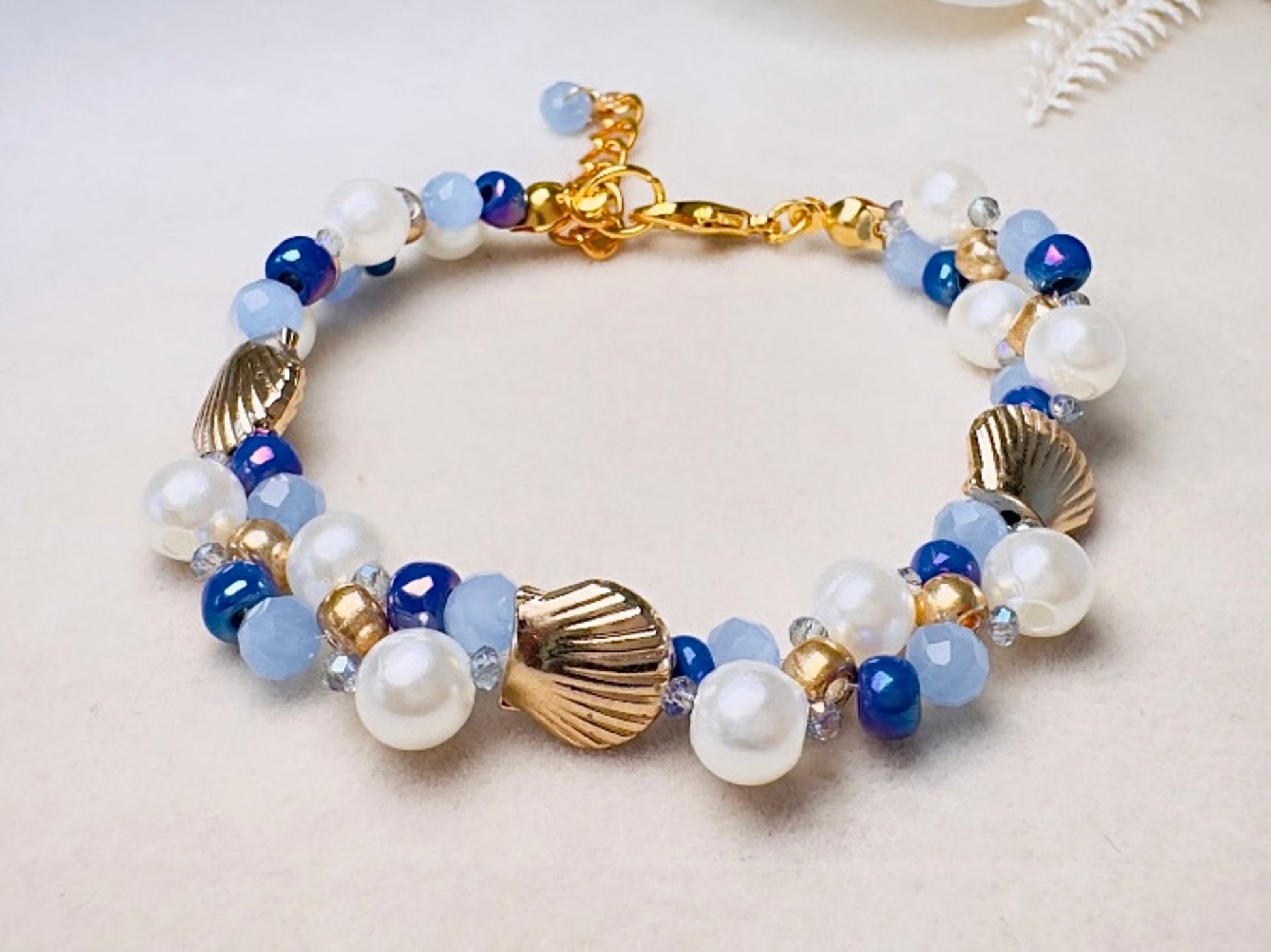 Pearl Beaded Bracelet, Handmade Mermaid Jewelry with Gold Shells + Blue Opal Beads