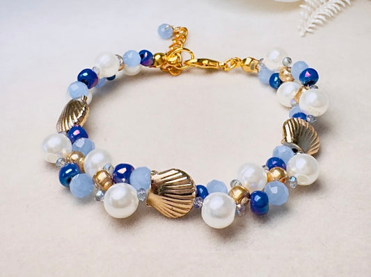 Pearl Beaded Bracelet, Handmade Mermaid Jewelry with Gold Shells + Blue Opal Beads