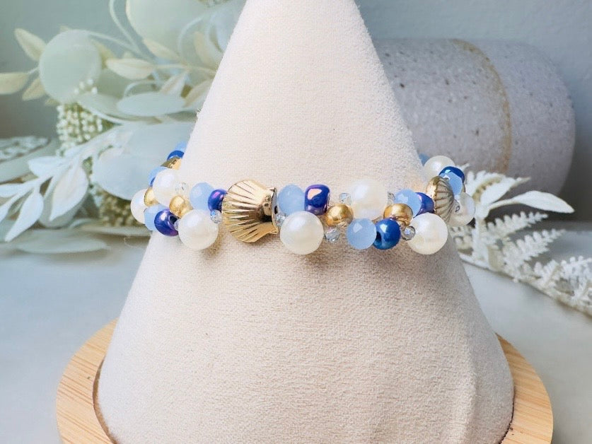 Pearl Beaded Bracelet, Handmade Mermaid Jewelry with Gold Shells + Blue Opal Beads