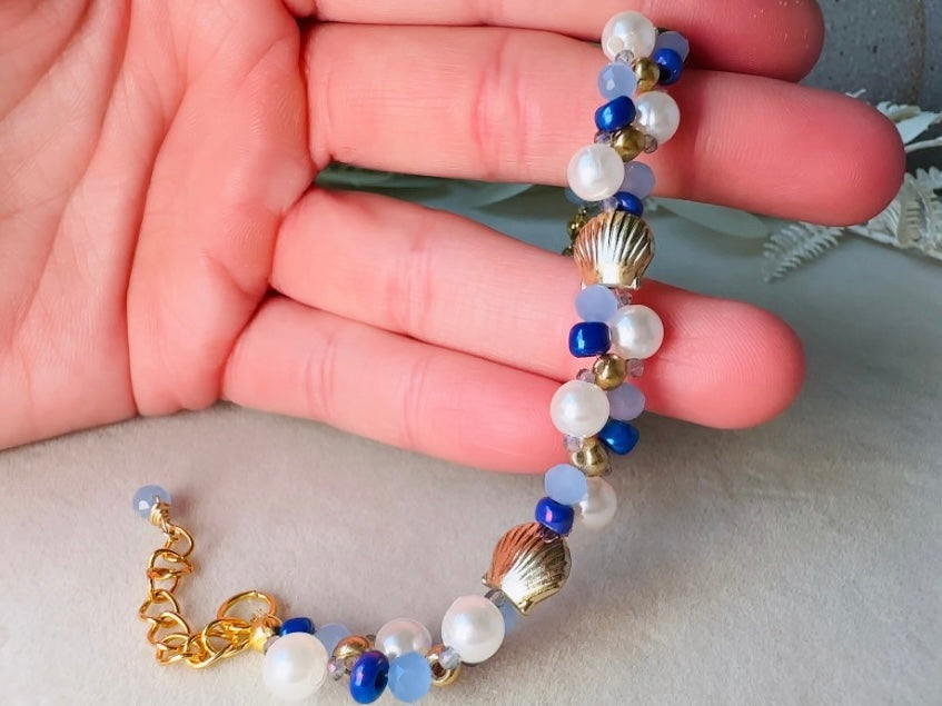 Pearl Beaded Bracelet, Handmade Mermaid Jewelry with Gold Shells + Blue Opal Beads